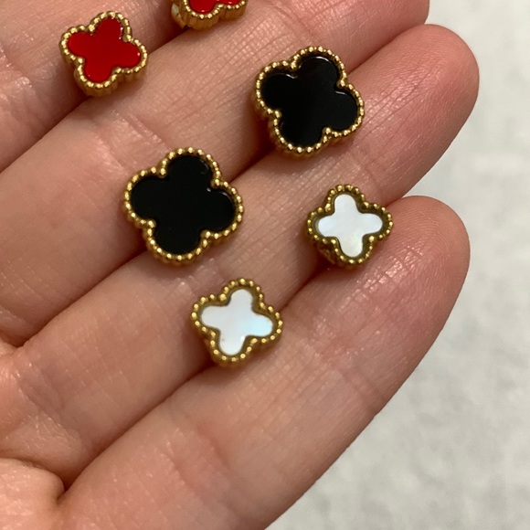 3 Gold Clover Earring Set (Red, Black, and Opal) - Picture 6 of 17